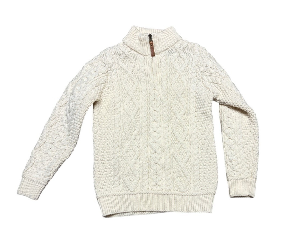 Aran Crafts Sweater Youth 8-11 Years Ivory Wool 1/4 Zip Cable Ireland Fisherman
